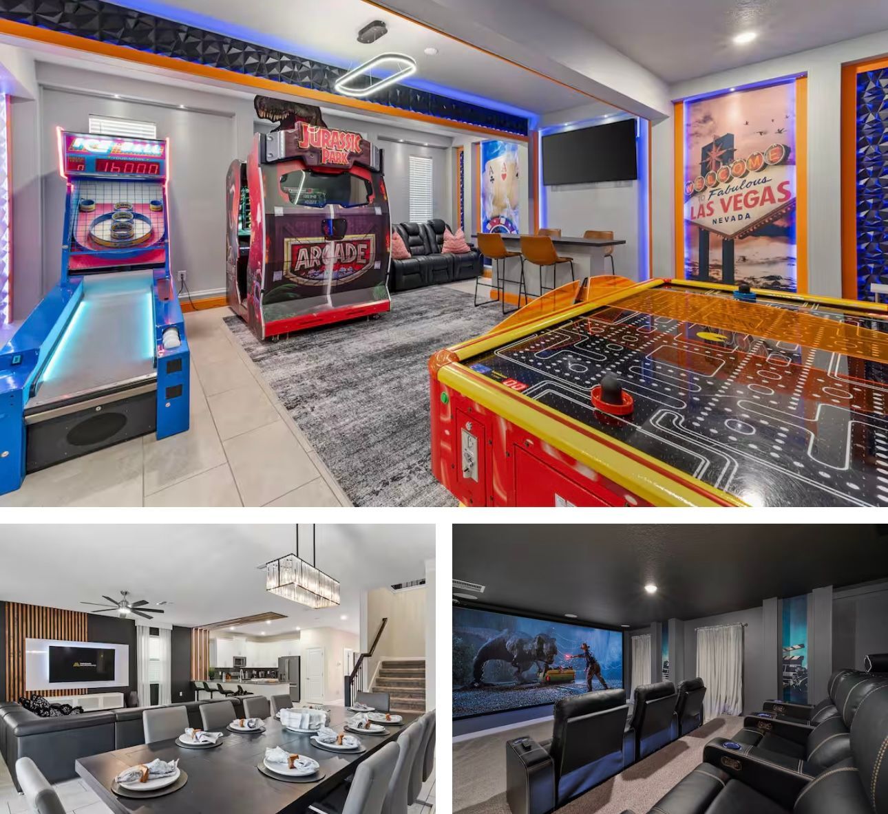 pictures of a game room with skee ball. Jurassic park arcade game and pacman air hockey table.