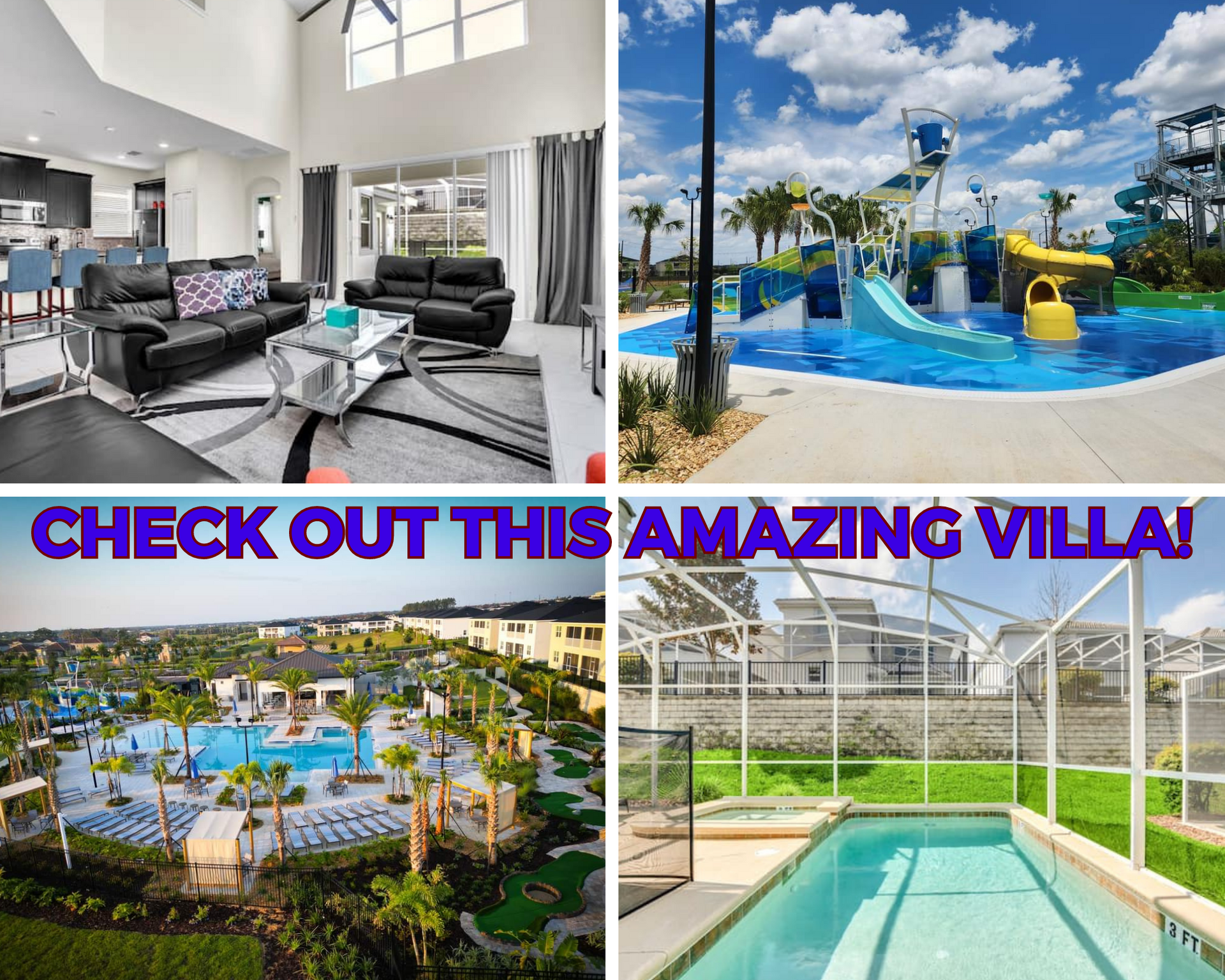 A collage of luxury villa images with interior living room, water park, community pool, and private pool.