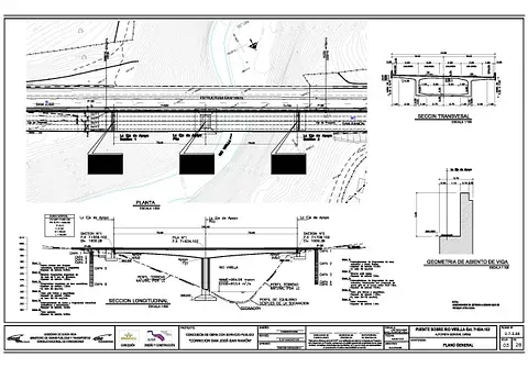 Dibujo arquitectónico: planta del puente y vistas de elevación con dimensiones, mostrando detalles estructurales.
