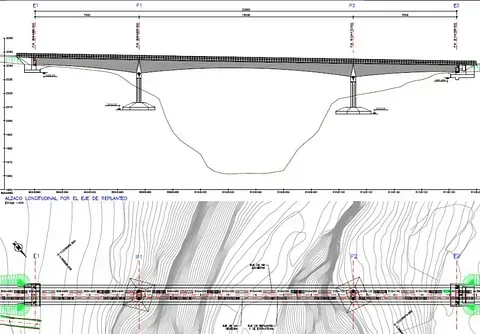 Diagrama de diseño de un puente con vistas de elevación y de arriba hacia abajo, que muestra las estructuras de soporte y el terreno.