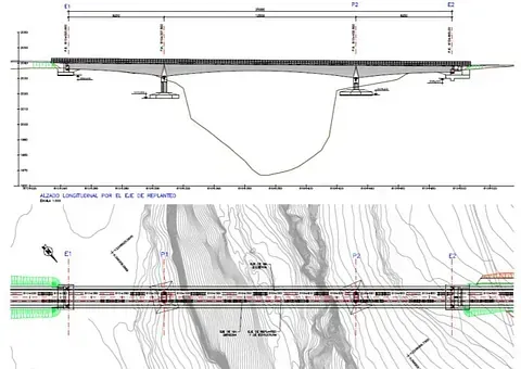 Plano: Diseño del puente; alzado y vista superior. Muestra medidas, soportes y terreno circundante.