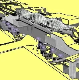 Representación arquitectónica de un edificio moderno con techo ondulado y enrejado, palmeras y estructuras circundantes.