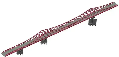 Un puente de celosía de metal rojo con una plataforma gris, sostenida por pilares de color gris oscuro.
