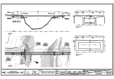 Dibujos de ingeniería de un proyecto de carretera y puente, incluidas secciones transversales, elevación y plano del sitio.