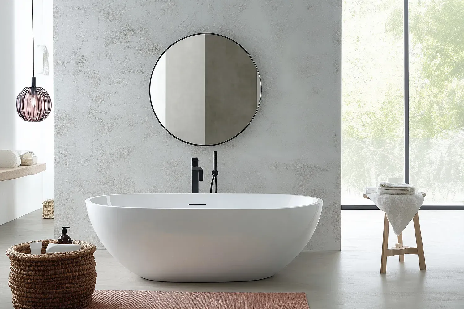Ein Badezimmer mit Badewanne, Spiegel und Hocker.