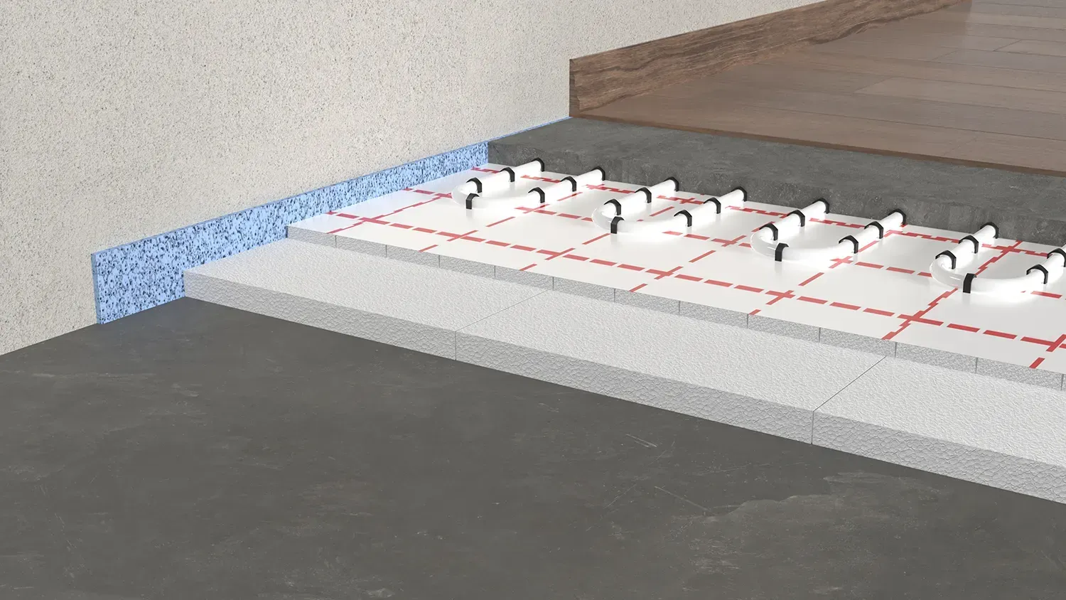 Eine 3D-Darstellung eines Bodens mit einem Betonboden und einem Holzboden.