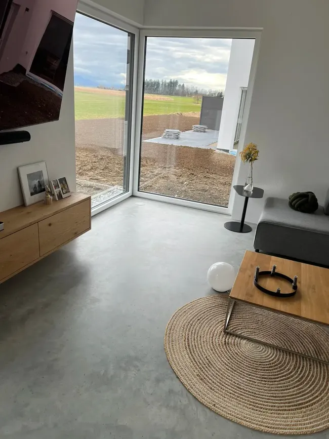 Ein Wohnzimmer mit Couch, Couchtisch, Teppich und großem Fenster.