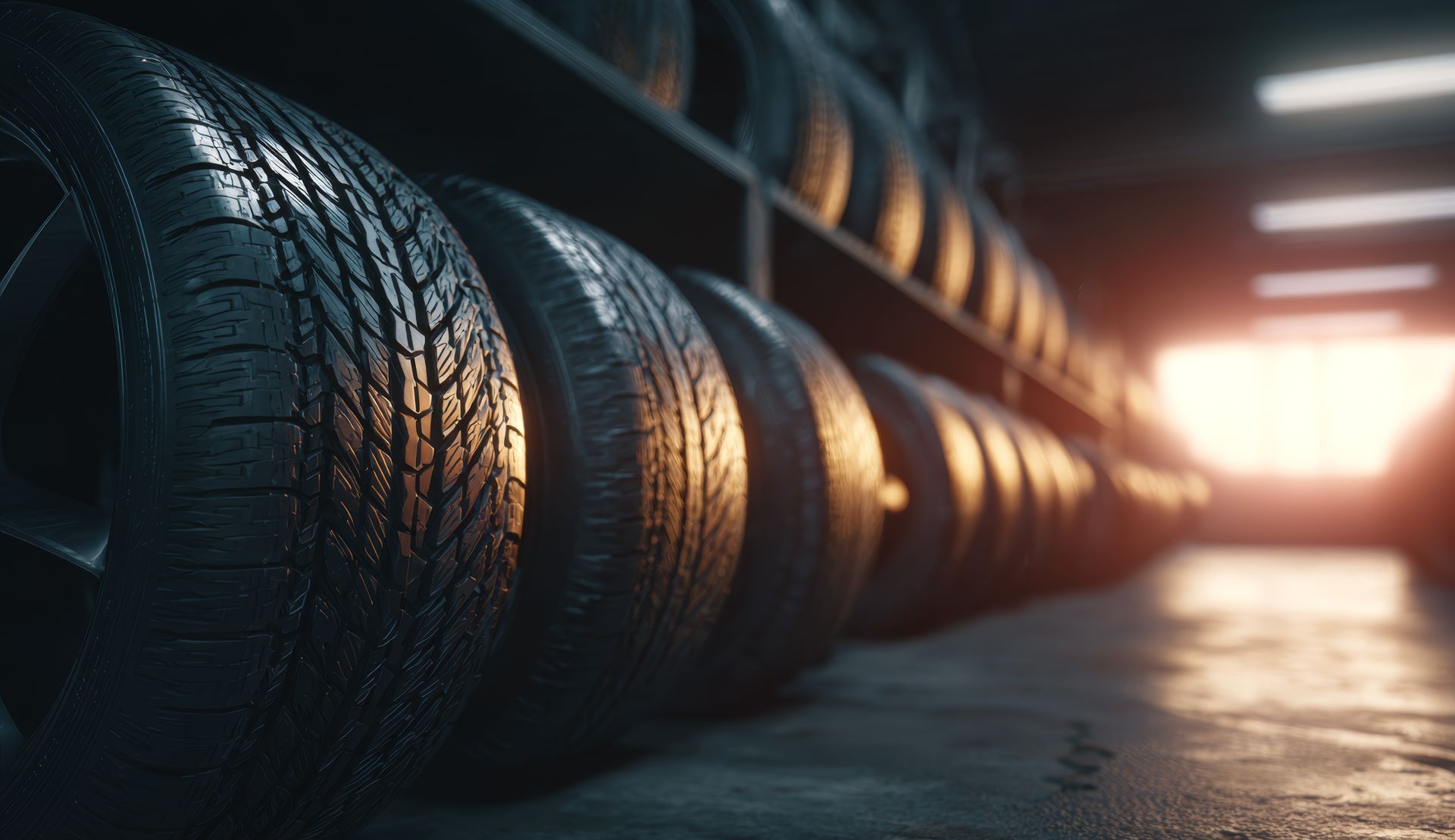 Des pneus empilés sur des étagères dans un garage faiblement éclairé, la lumière du soleil filtrant à travers les rayons du soleil.