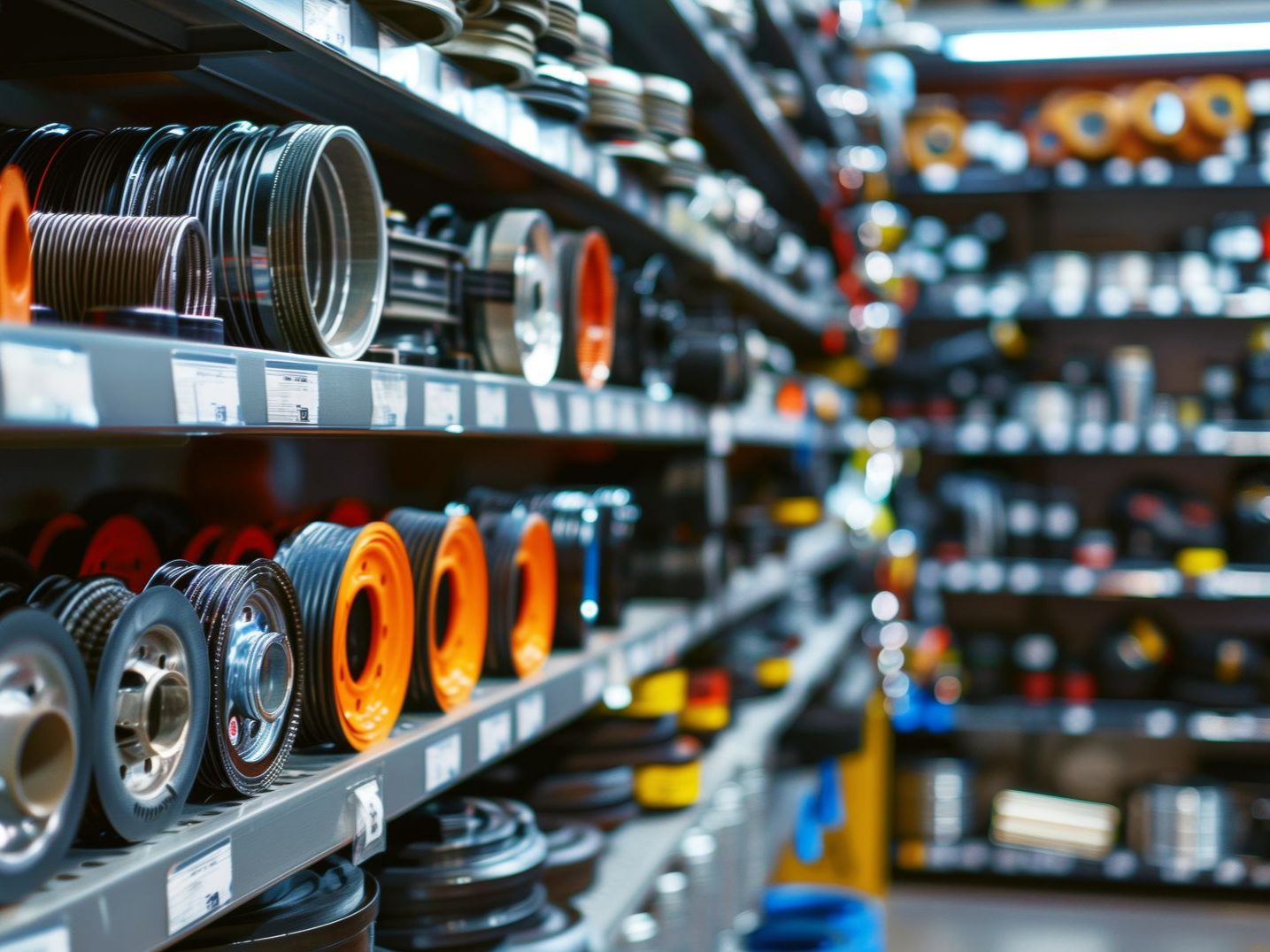 Des étagères remplies de pièces automobiles dans un magasin ; diverses poulies et autres composants exposés.