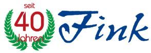 Fink-Logo mit rotem „40 Jahre“ in einem grünen Lorbeerkranz und blauem Schriftzug