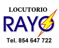 Logotipo de "Locutorio Rayo" con texto azul y un rayo. Incluye número de teléfono.