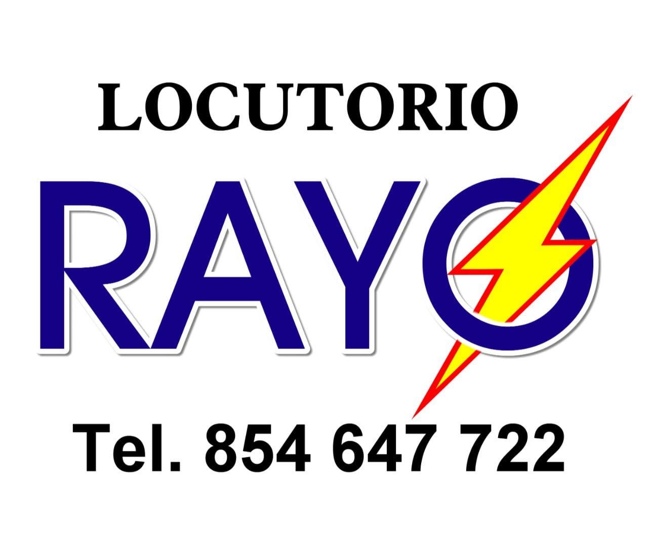 Logotipo de "Locutorio Rayo" con texto azul y un rayo. Incluye número de teléfono.