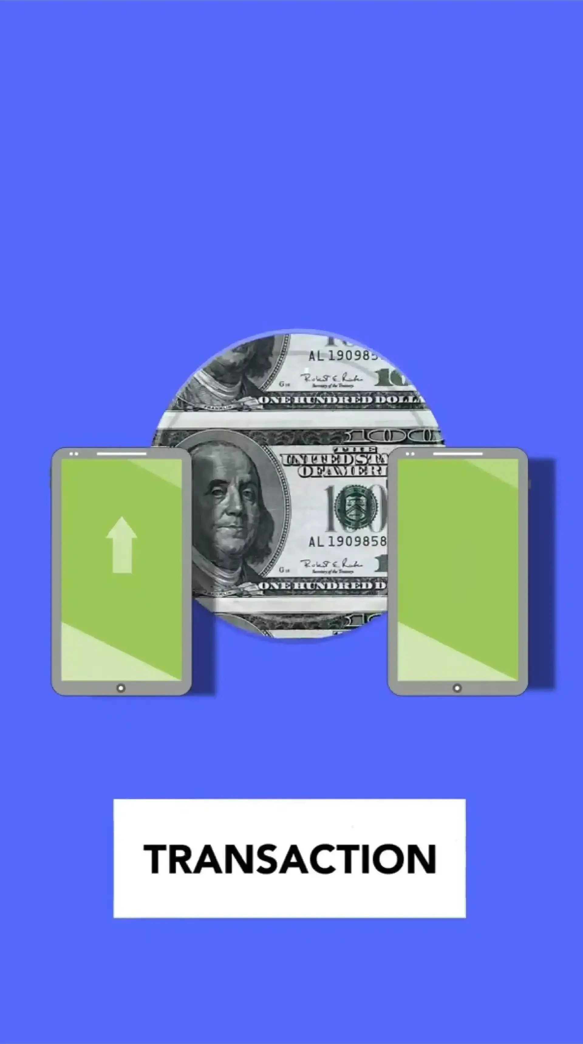 Dos tabletas intercambian dinero, con un billete de 100 dólares en el centro. La palabra 