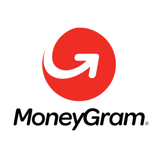 Logotipo de MoneyGram: círculo rojo con una flecha blanca apuntando hacia arriba y el nombre de la empresa en negro.