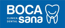 Logotipo de la clínica dental BOCA sana en blanco sobre fondo azul con un icono de diente.