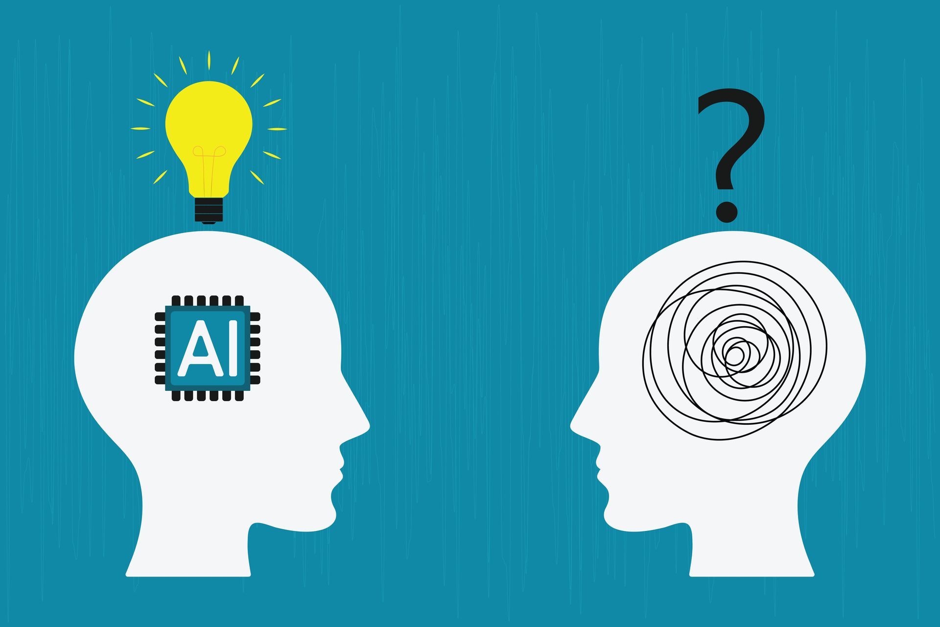 Deux silhouettes sont face à face. L'une avec l'IA et l'autre une ampoule. L'autre avec des lignes entrelacées et un point d'interrogation.