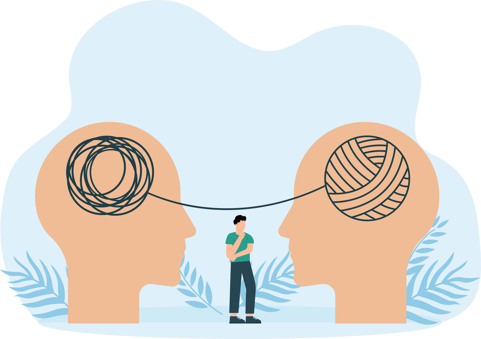 Deux têtes reliées par un fil. L'une présente des fils emmêlés, l'autre une pelote de laine bien rangée. Une personne se tient entre elles.