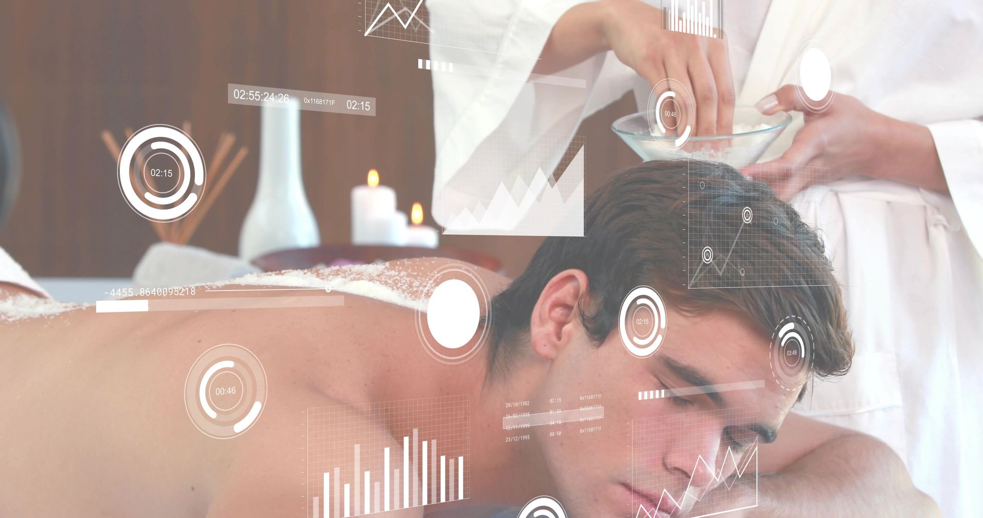 Un homme reçoit un soin de spa : massage du dos, bougies, peignoir, superposition de visualisation de données.