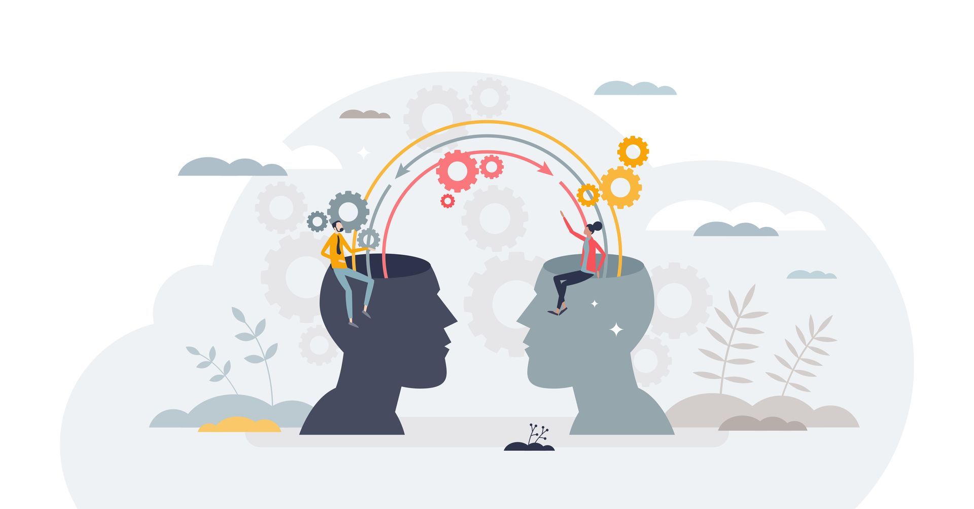 Deux silhouettes de têtes échangeant des engrenages, symbolisant l'échange d'idées et la collaboration.