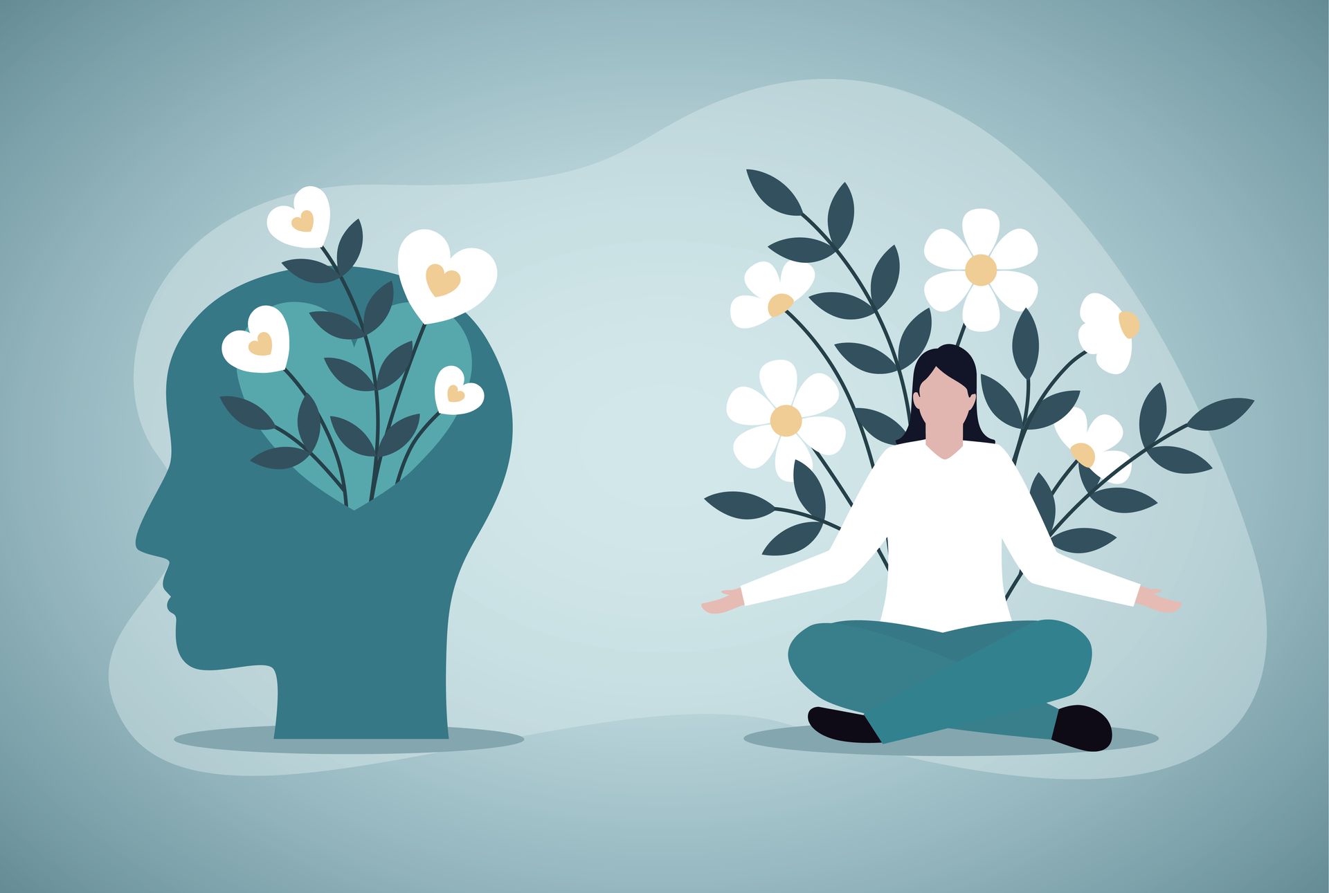 Silhouette d'une tête ornée de fleurs, une personne méditant parmi des fleurs.