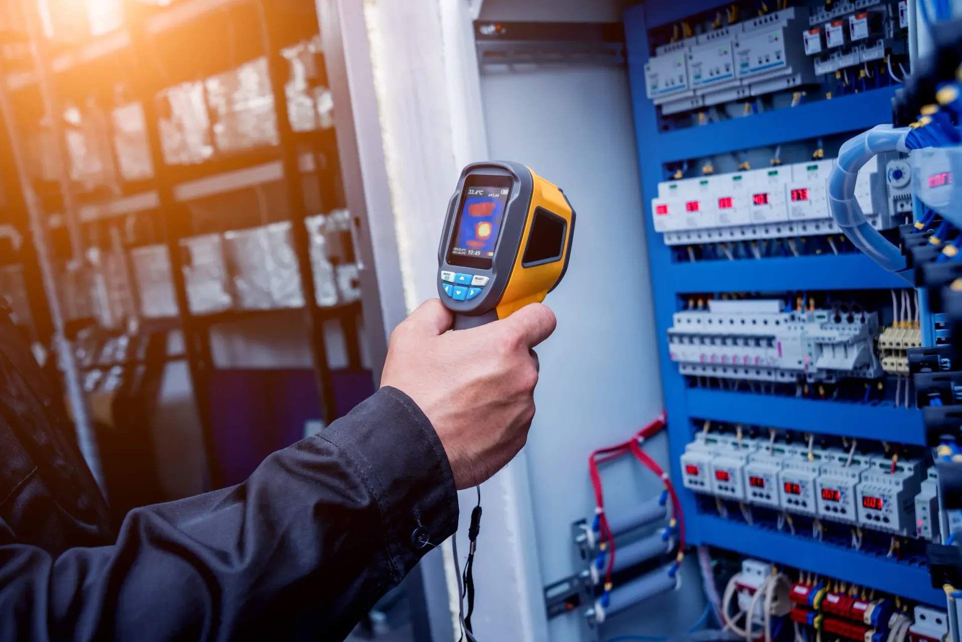 Una persona utiliza una cámara termográfica en un panel eléctrico para inspeccionar si hay anomalías térmicas.