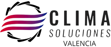 Logotipo para Clima Soluciones Valencia que presenta un diseño circular con tres líneas curvas en color rojo a azul y texto.
