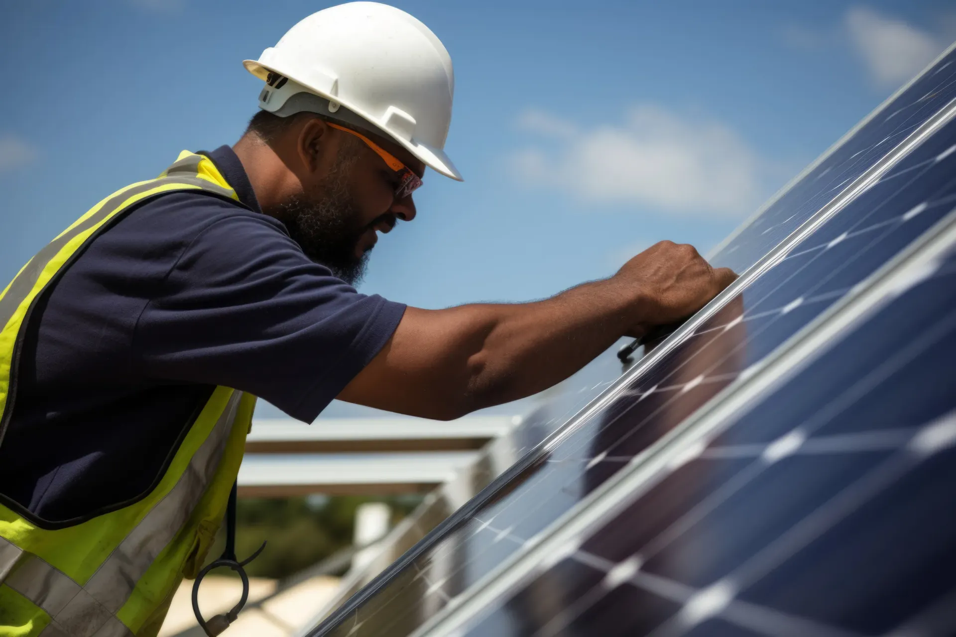 Trabajador con casco y chaleco de seguridad instalando paneles solares en un tejado en un día soleado.