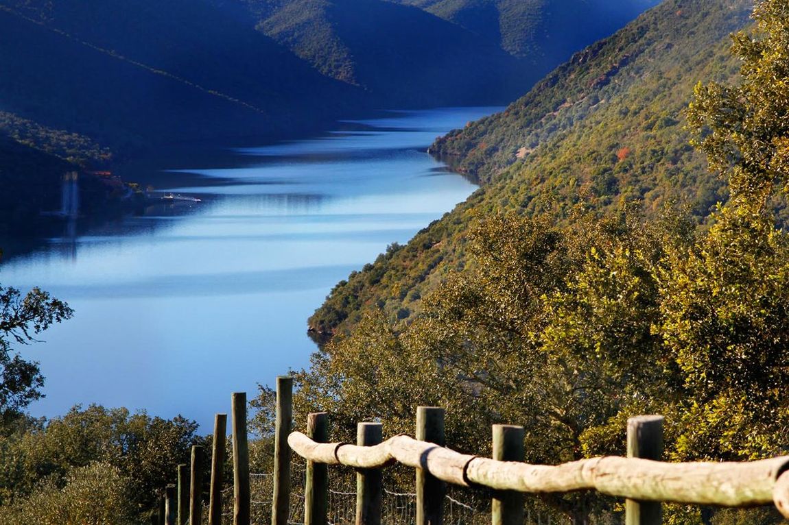 Un lago rodeado de montañas y árboles con una valla de madera en primer plano.