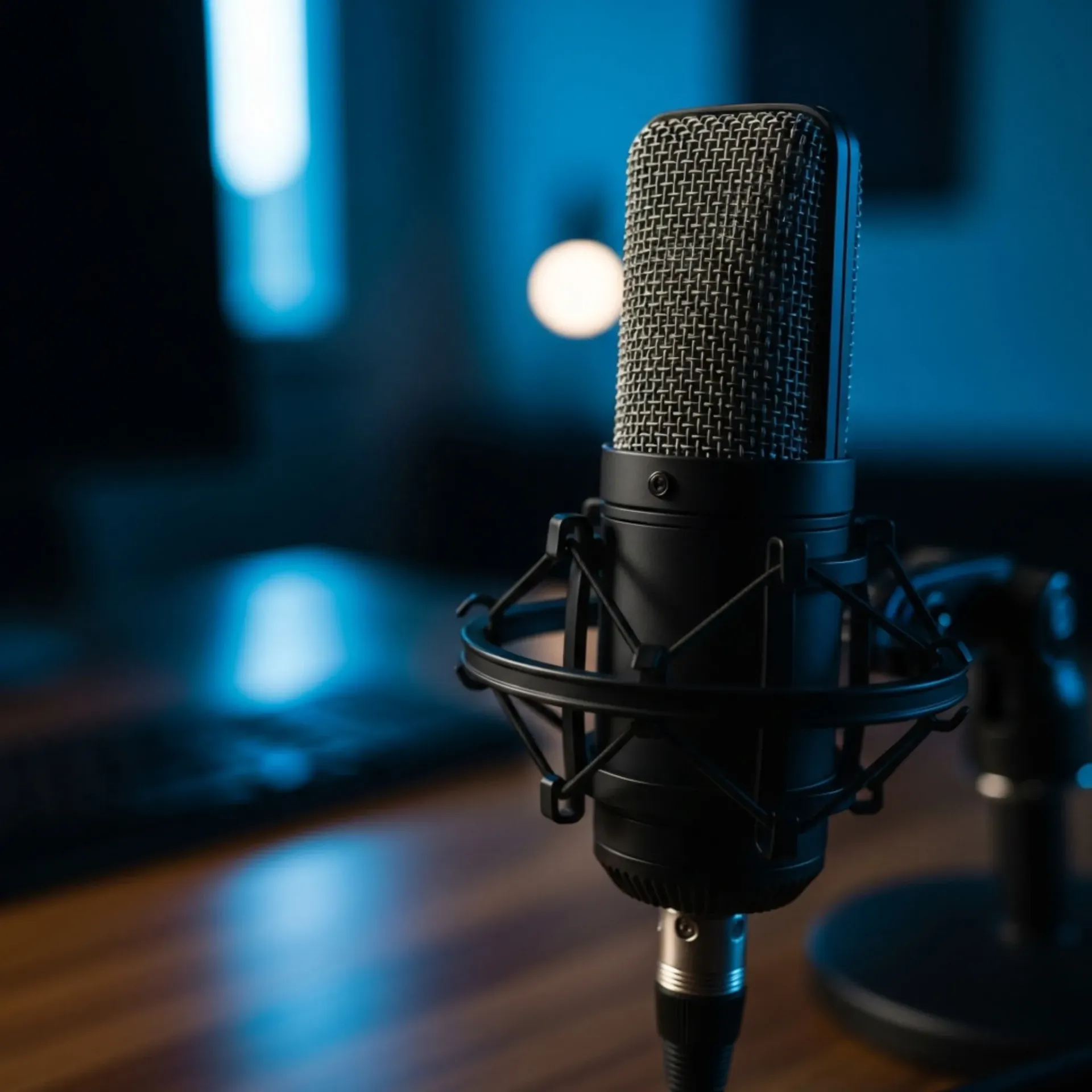 Micrófono negro en un soporte amortiguador sobre un escritorio de madera, iluminado por luz azul con un fondo borroso.