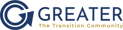 Logotipo de "Greater: The Transition Community" con un símbolo "G" azul y texto.