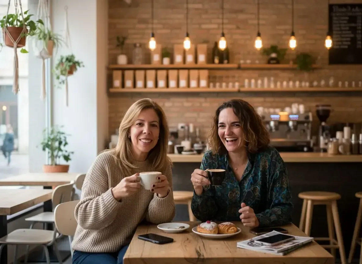 Dos mujeres riendo, tomando café en una mesa de café con pasteles, iluminación cálida.