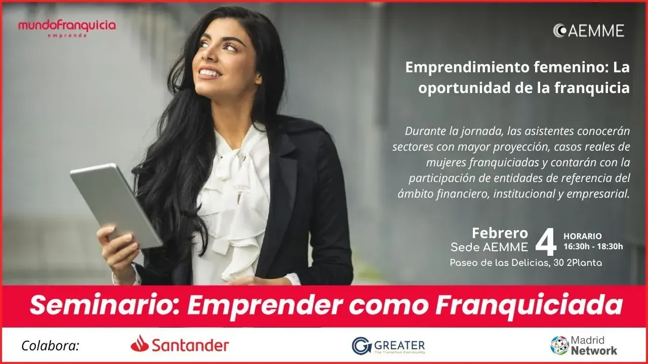 Cartel promocional de un seminario sobre emprendimiento femenino a través de franquicias. Una mujer sostiene una tableta.