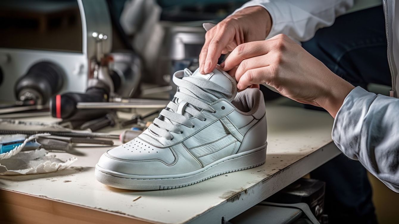 Artisan préparant une basket blanche orthopédique en atelier
