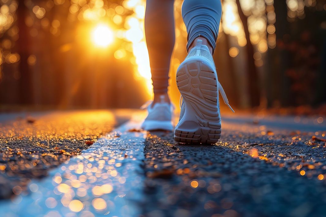 Femme avec chaussures de sport marchant sur une route