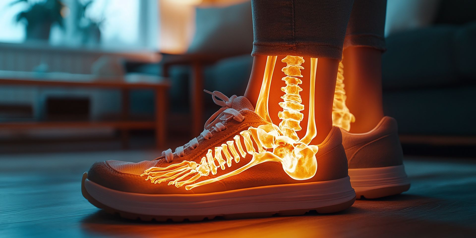 Pied chaussé d'une basket avec structure osseuse luminescente