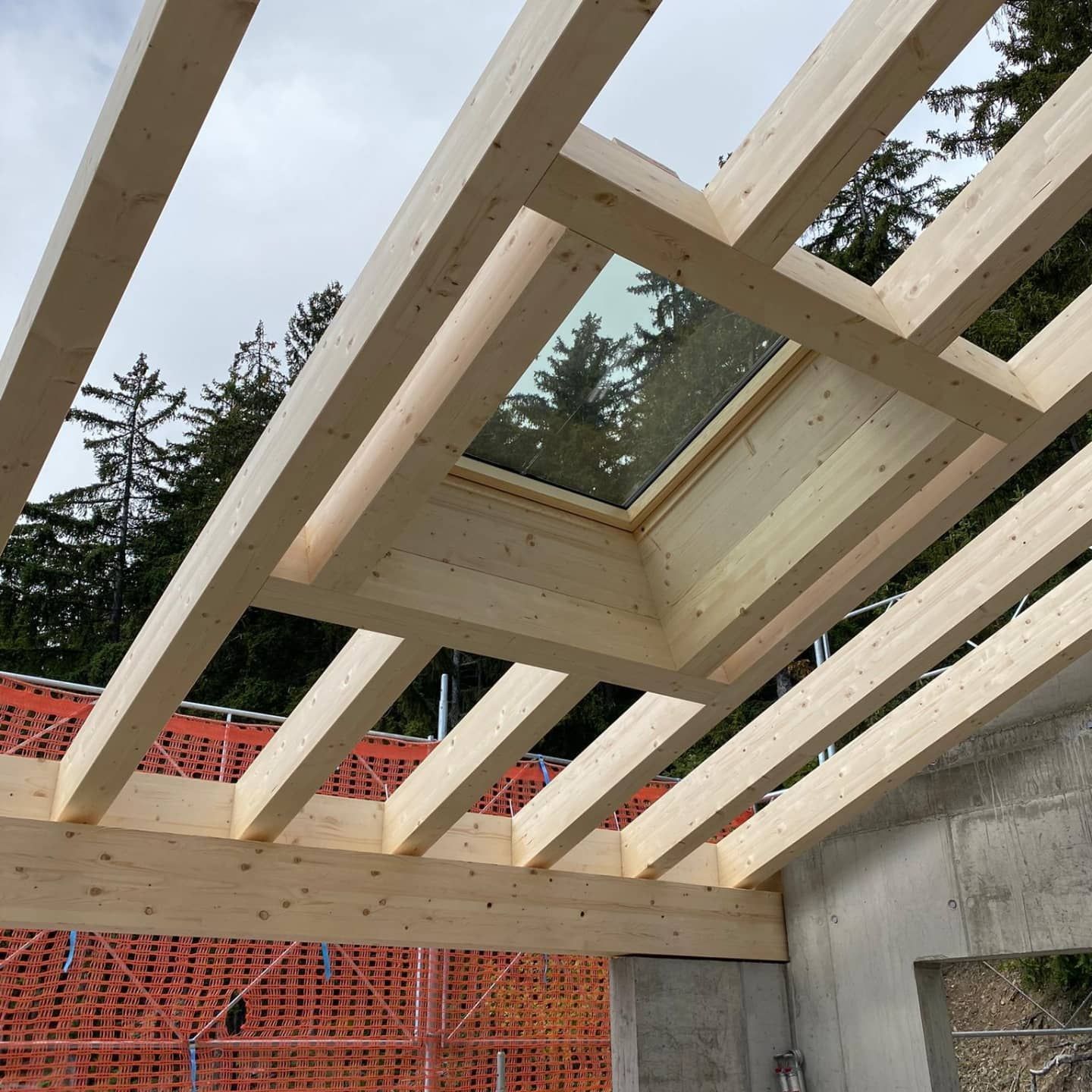 Une structure en bois avec un puits de lumière au milieu