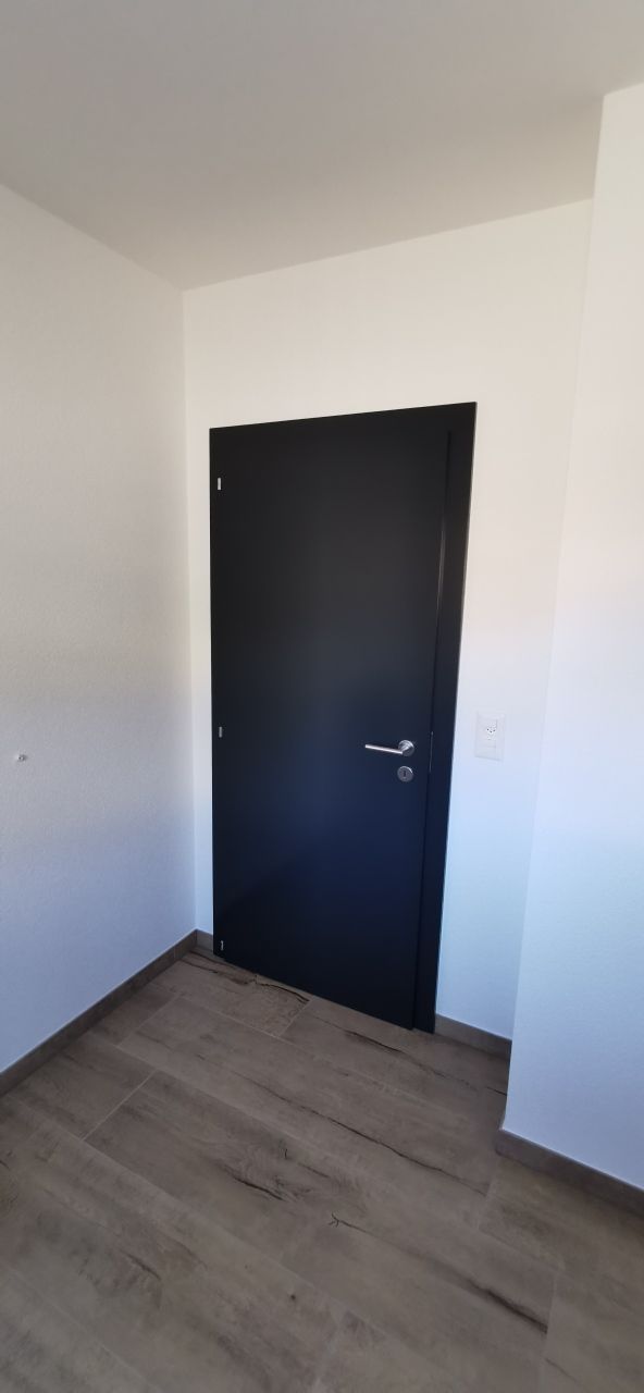 Il y a une porte noire au milieu d'une pièce.