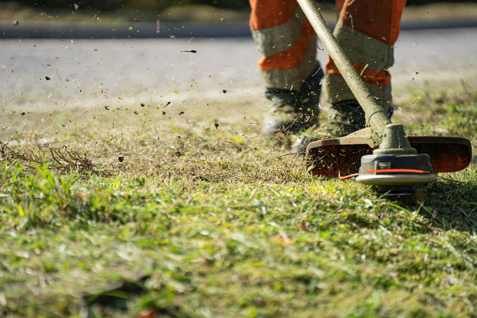 Une personne utilise un coupe-bordures pour couper l'herbe le long d'un trottoir, des brins d'herbe coupée volant dans tous les sens.