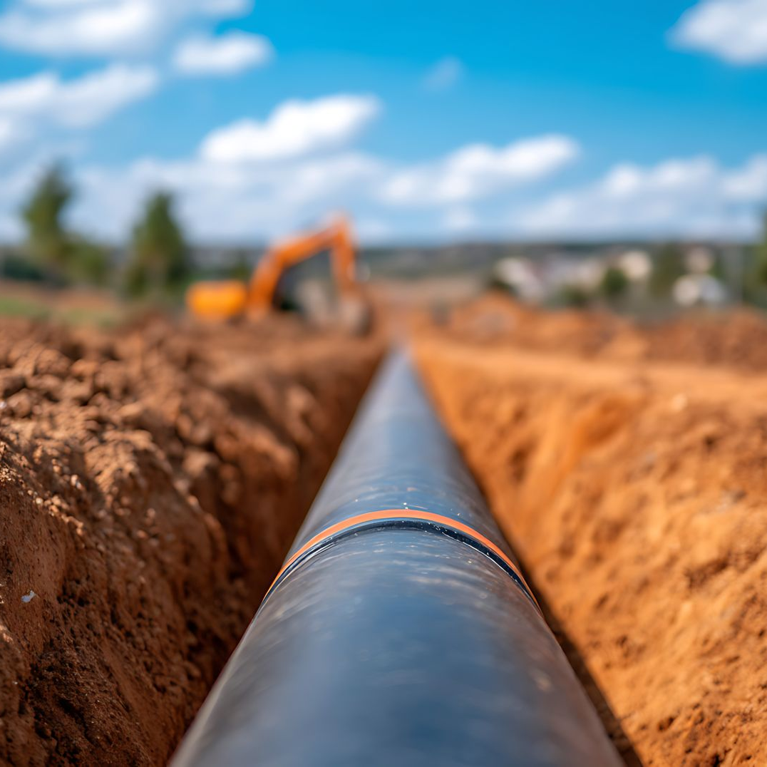 Tuyau noir dans la tranchée, excavatrice orange en arrière-plan, ciel bleu.