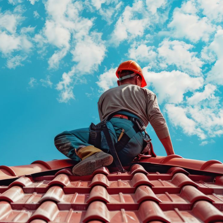 Couvreur coiffé d'un casque orange, perché sur un toit de tuiles rouges se détachant sur un ciel bleu nuageux.