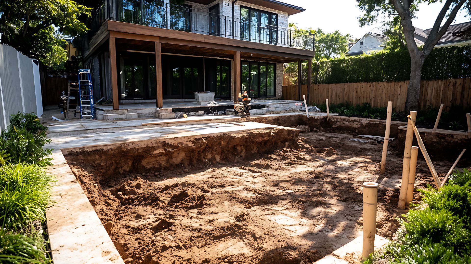 Un chantier de construction dans une cour arrière comprenant une profonde zone excavée pour une piscine, une terrasse en pierre adjacente et une maison à deux étages.