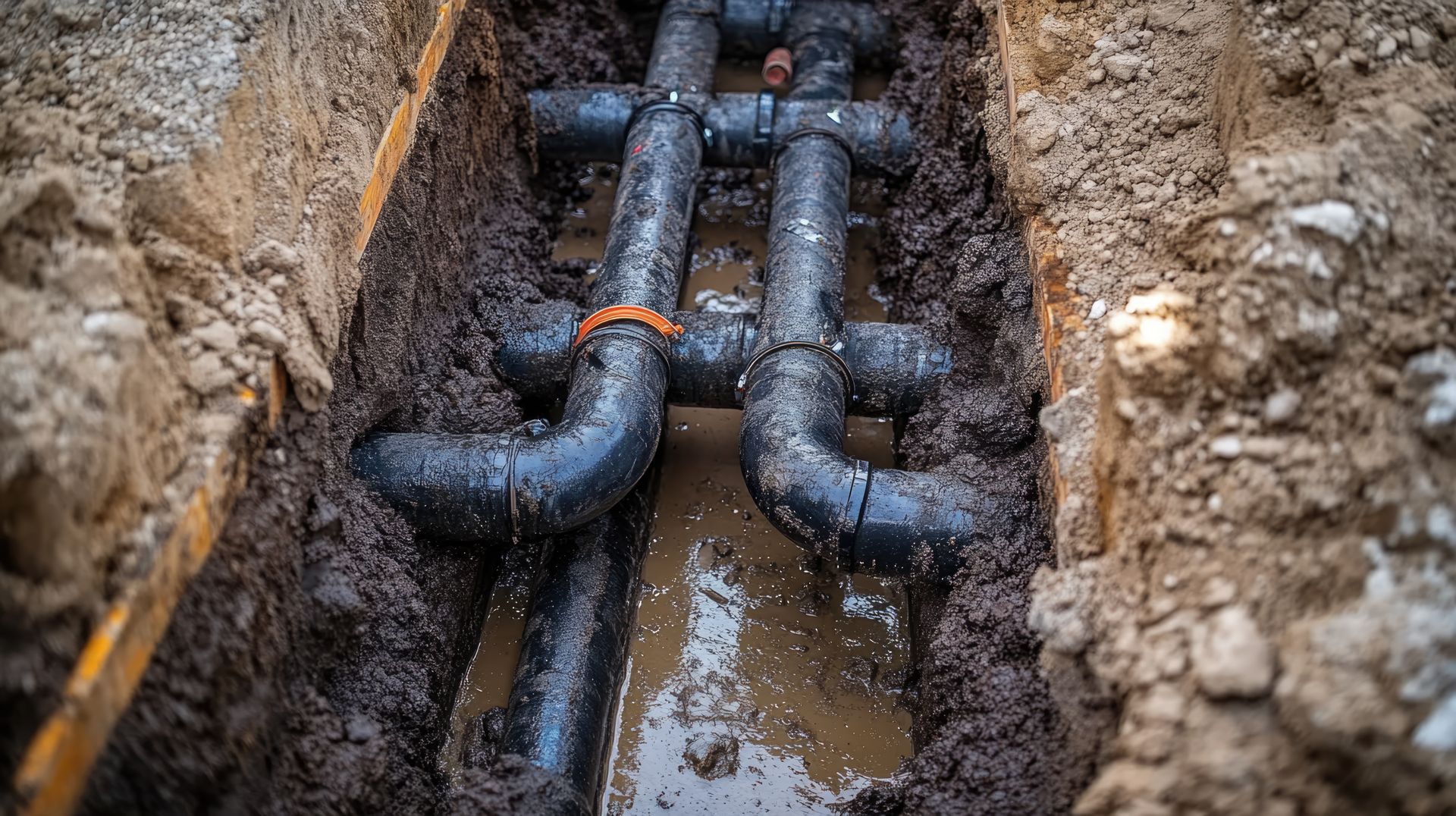 Des tuyaux noirs reliés par des joints gisent dans une tranchée étroite et boueuse en construction.