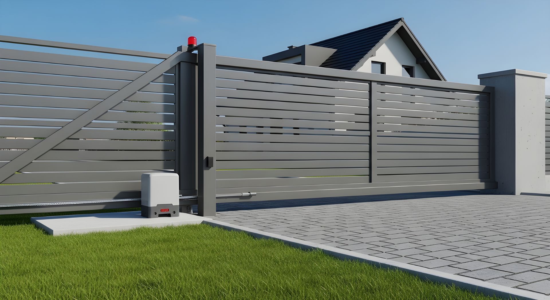Un portail coulissant à lames horizontales grises, équipé d'un système d'entraînement motorisé, installé sur une dalle en béton, adossé à une maison et à une pelouse.