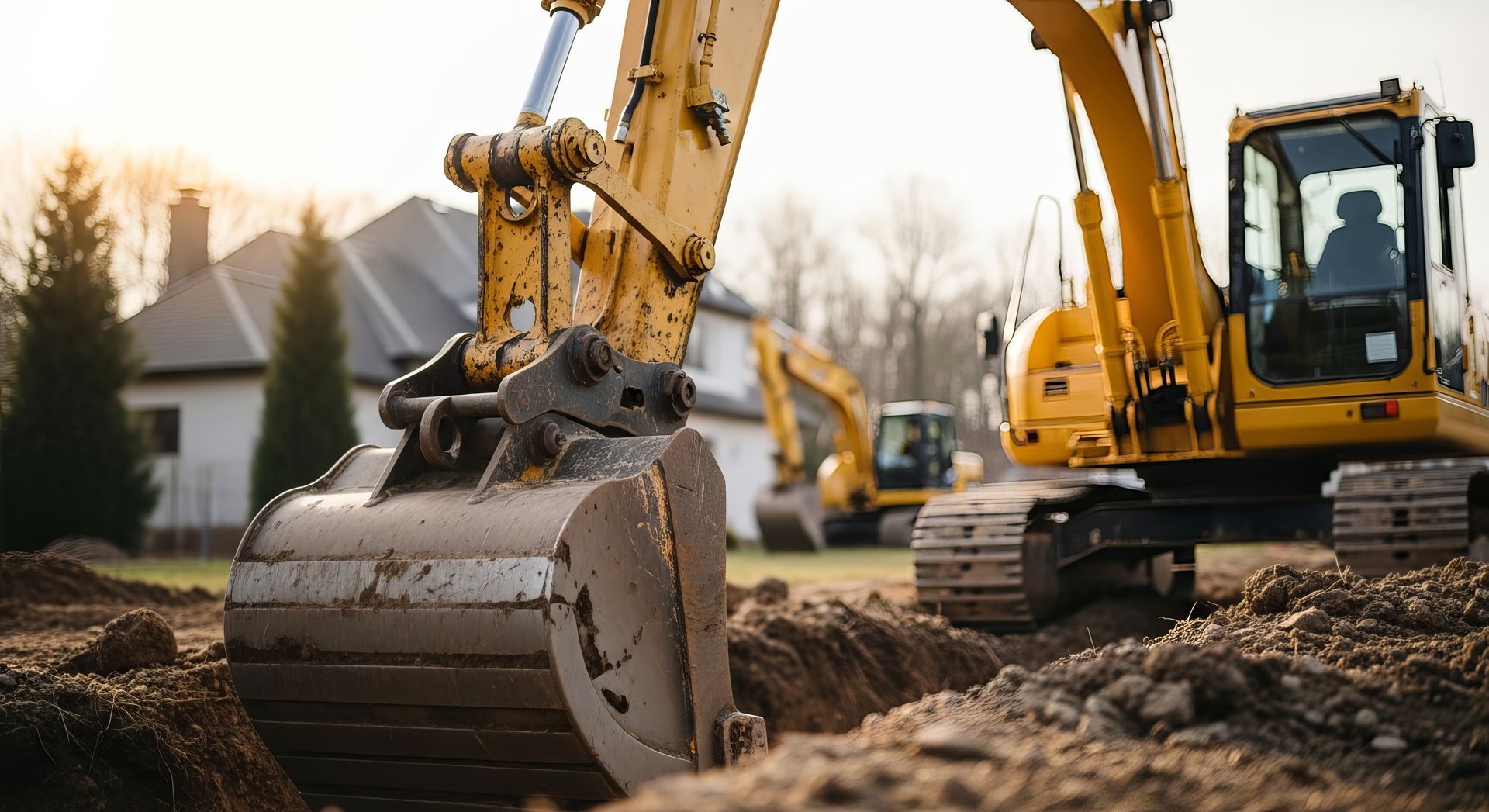 Des excavatrices jaunes creusent une tranchée sur un chantier de construction résidentielle en plein jour.