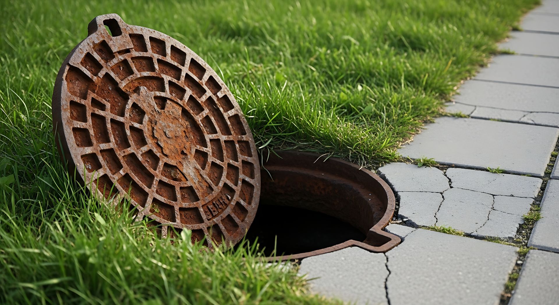 Une plaque d'égout ronde en métal rouillé est maintenue ouverte sur un carré d'herbe verte, à côté d'une allée en béton fissurée.