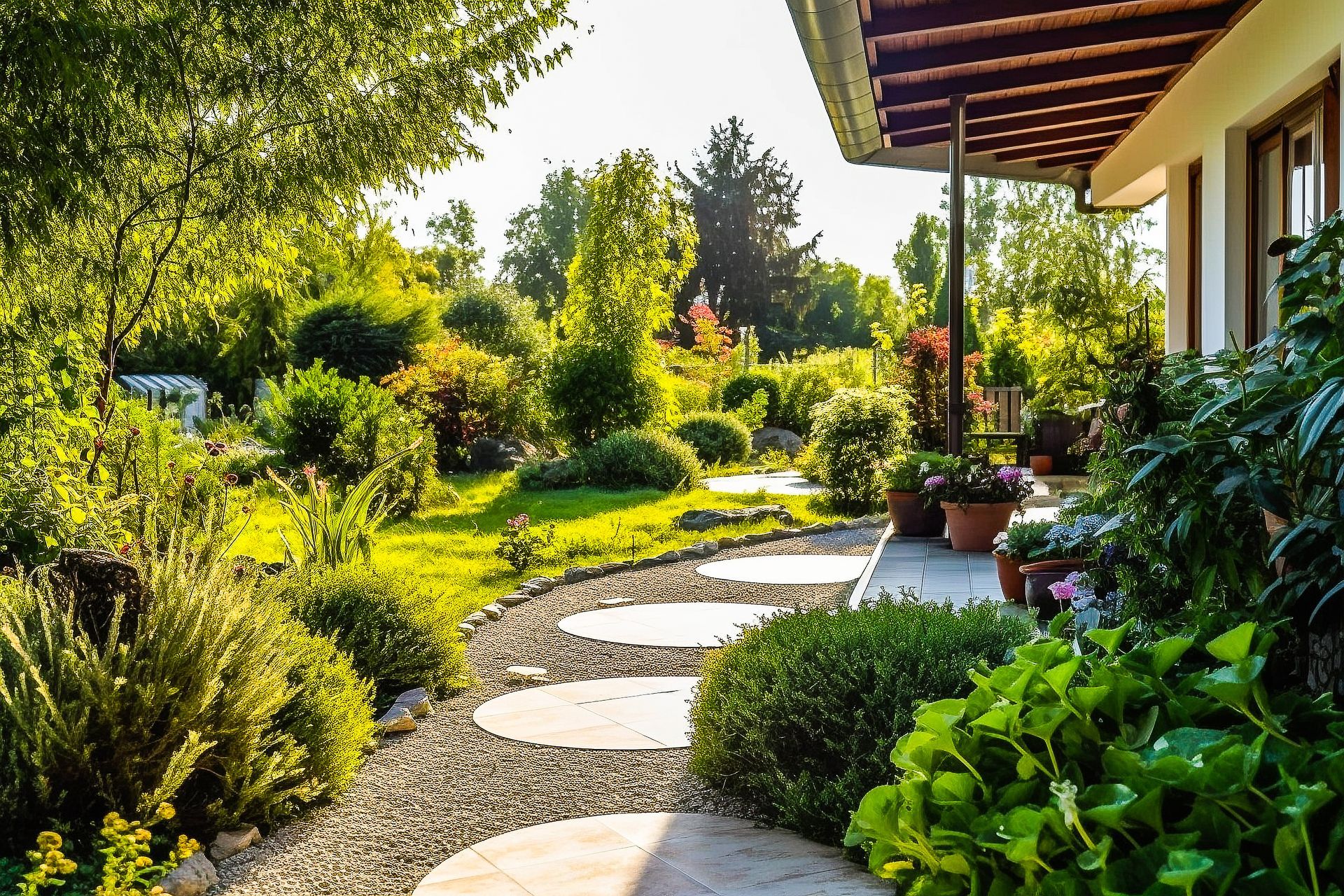 Un chemin de gravier agrémenté de larges marches circulaires en pierre traverse un jardin luxuriant et ensoleillé, jouxtant le patio d'une maison.