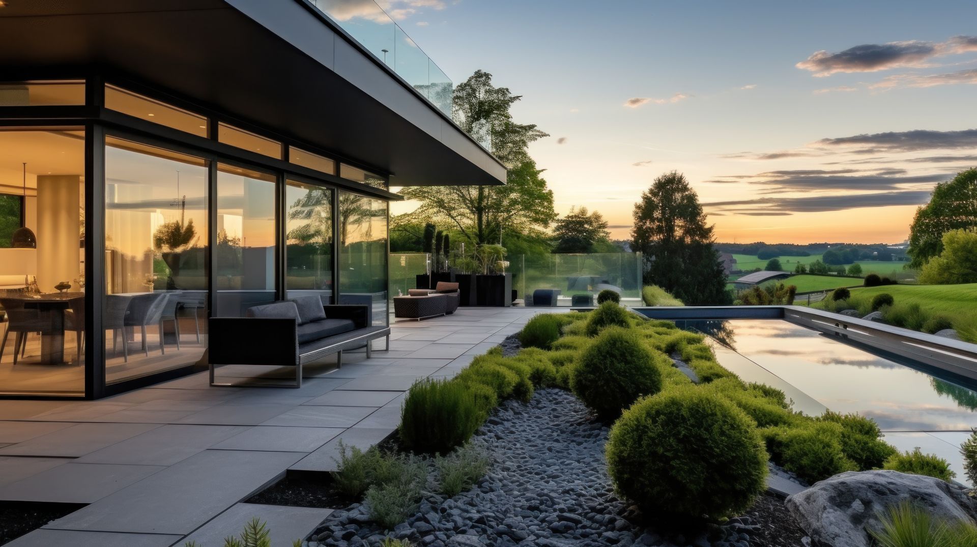 Terrasse luxueuse et moderne avec de grandes baies vitrées, un canapé d'extérieur et une piscine donnant sur un paysage de coucher de soleil.