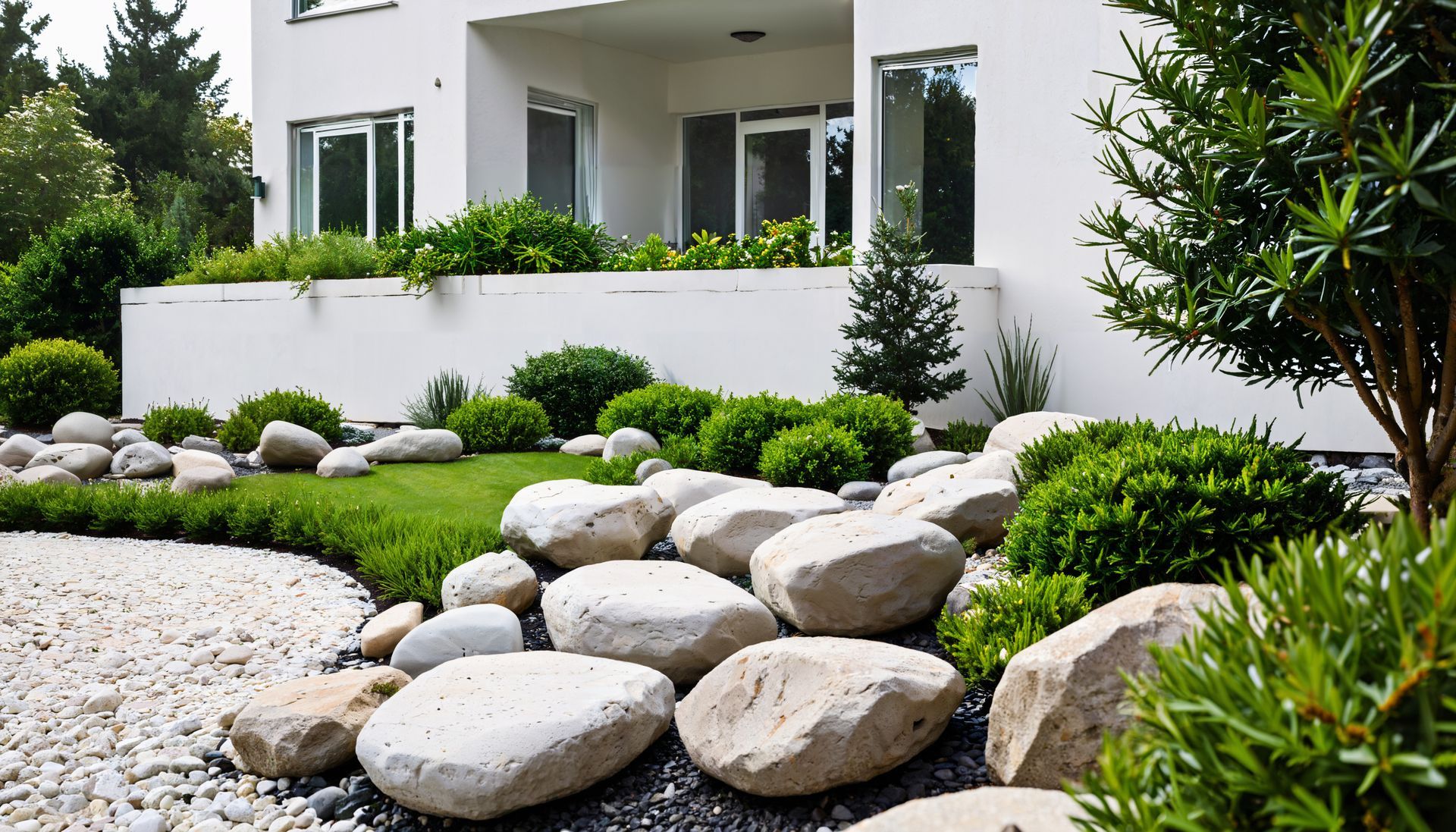 L'extérieur d'une maison blanche moderne, avec un jardin de devant soigné agrémenté de grosses pierres décoratives, d'arbustes et de parterres de gravier.
