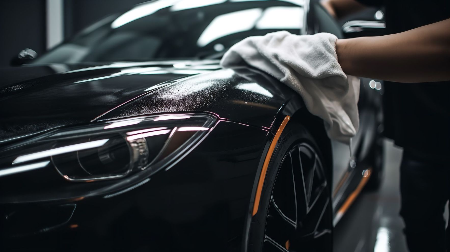 Une personne qui passe un chiffon microfibre pour essuyer la carrosserie d'une voiture.