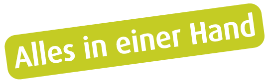 Eine hellgrüne, leicht geneigte rechteckige Grafik mit abgerundeten Ecken, die den weißen Text „Alles in einer Hand“ enthält.